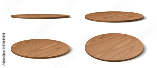 Wooden plate podium stage top and side views. Round wooden platform bases for displaying cosmetic products, presentation or exhibition. Realistic 3d vector circular eco friendly, natural wood stands