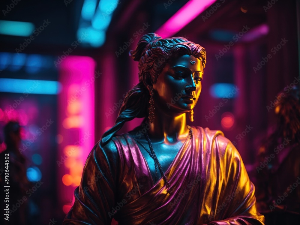 Statue in neon light background concept Statue in neon light background concept