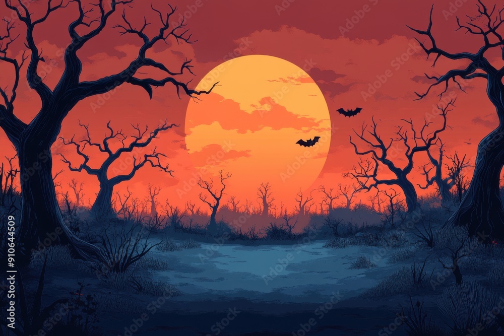 Spooky Full Moon Night in a Haunted Forest with Bats Flying in the Sky Spooky Full Moon Night in a Haunted Forest with Bats Flying in the Sky
