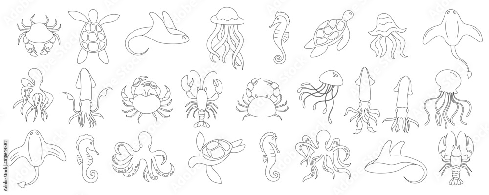 Flat line art of sea animals, including crab, jellyfish, and seahorse. This vector set captures underwater life with marine creatures in simple shapes. Ideal for aquatic design. Flat line art of sea animals, including crab, jellyfish, and seahorse. This vector set captures underwater life with marine creatures in simple shapes. Ideal for aquatic design.