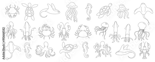 Flat line art of sea animals, including crab, jellyfish, and seahorse. This vector set captures underwater life with marine creatures in simple shapes. Ideal for aquatic design.