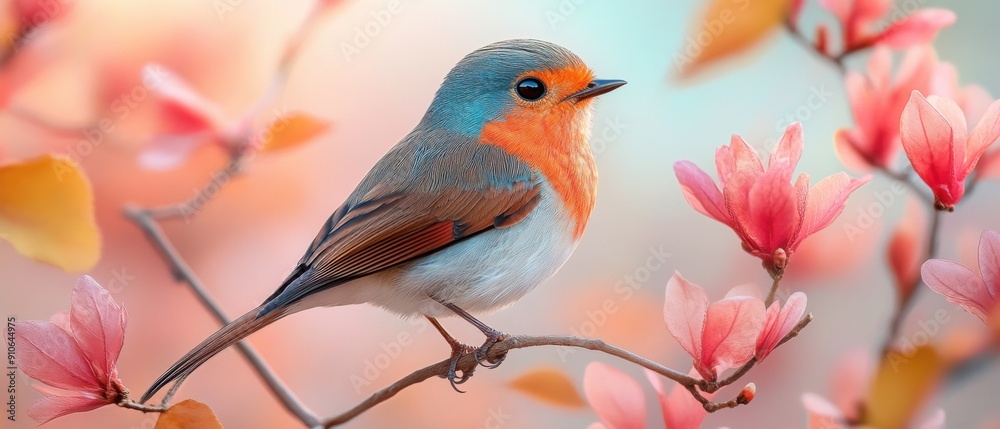 Beautiful Robin Perched on a Branch with Pink Blossoms in a Soft Pastel Background Beautiful Robin Perched on a Branch with Pink Blossoms in a Soft Pastel Background