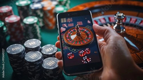 Hands holding smartphone casino games.