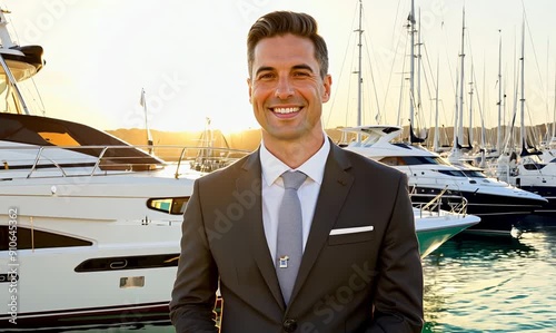 Portrait of smiling businessman standing against yachts in marina