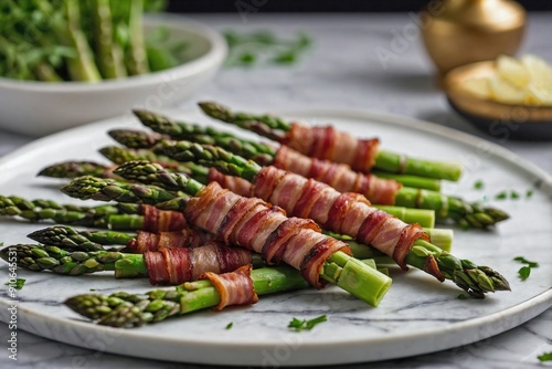 acon Wrapped Asparagus on a Marble Surface photo