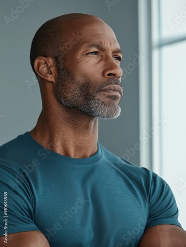 Pensive Middle-Aged Black Man with Athletic Build Standing by Window in Contemplative Natural Light