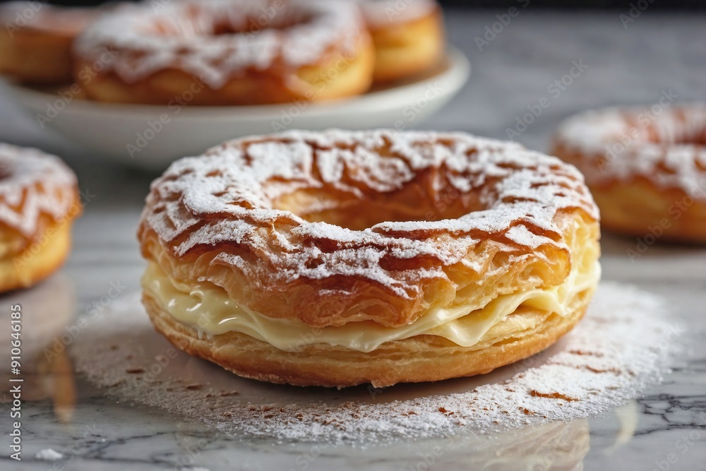 Cronut on a Marble Surface with a Light Dusting of Sugar Cronut on a Marble Surface with a Light Dusting of Sugar