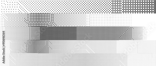 Bitmap pixelated striped pattern. Black and white halftone grunge texture. Glitch noise stripe overlay. Dotted gradient wallpaper for banner, poster, flyer, print, brochure. Vector dither background