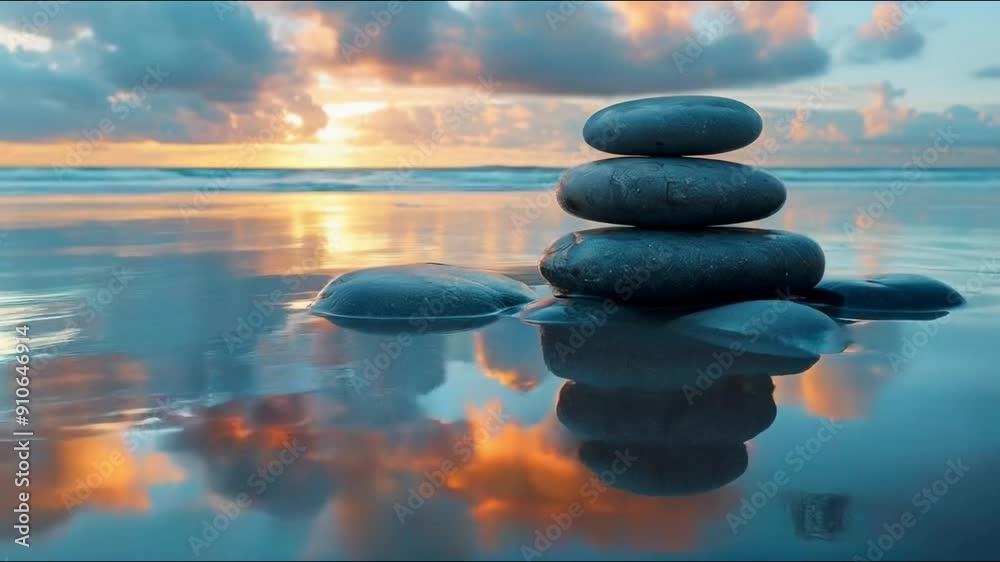 Zen Stones on a Tranquil Beach at Sunset. A stack of four smooth stones rests on a sandy beach at sunset, their reflections creating a sense of balance and tranquility. Seamless looping video Ai