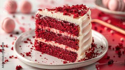 Delicious Red Velvet Cake Slice with Cream Cheese Frosting on a White Plate