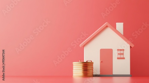 A charming pastel house model beside stacks of coins on a vibrant pink background, symbolizing home and financial growth.