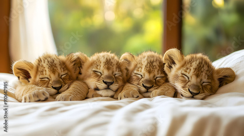 4 lion cubs sleeping soundly on a cozy bed, blurred background.