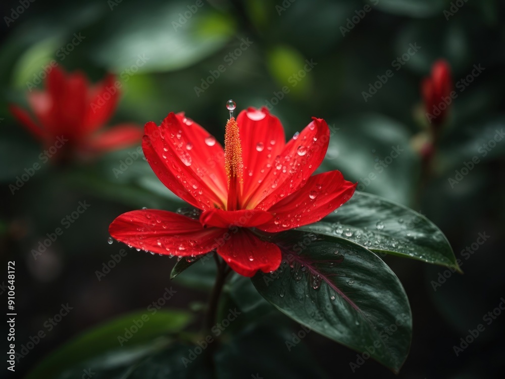 Tropical bright red flower with raindrops growing in nature Tropical bright red flower with raindrops growing in nature