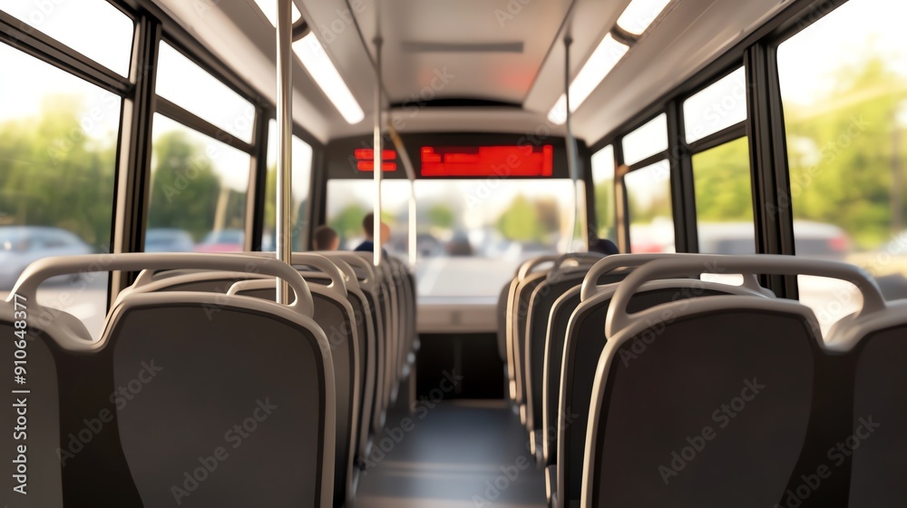 Interior view of an empty city bus showcasing modern design and spacious seating, ideal for transportation and travel themes. Interior view of an empty city bus showcasing modern design and spacious seating, ideal for transportation and travel themes.
