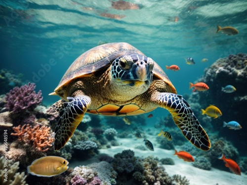 turtle with group of colorful fish and sea animals photo