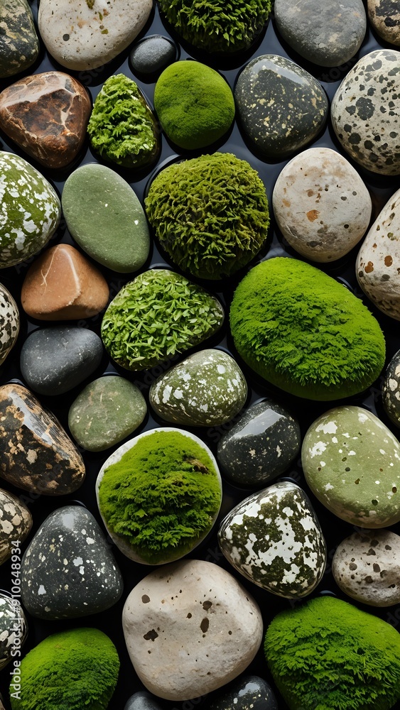 Smooth, rounded river rocks covered in moss. Smooth, rounded river rocks covered in moss.