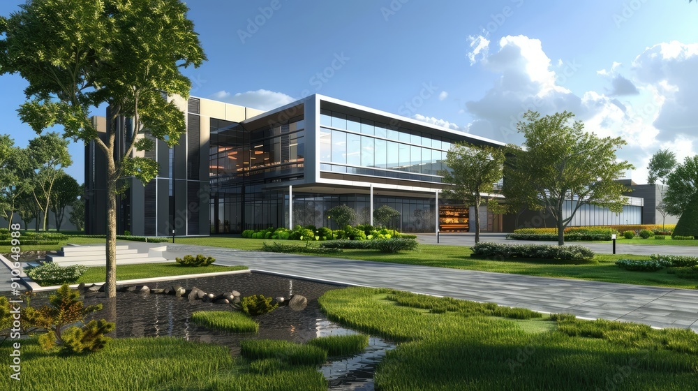 Fototapeta premium Modern Office Building with Landscaping and Pond