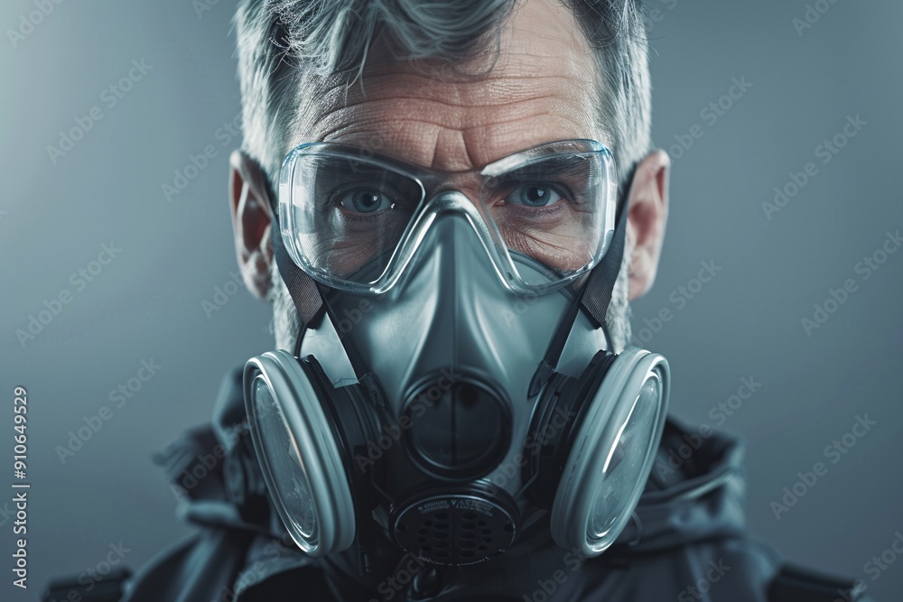 Man wearing a breathing mask, safety gear. Man wearing a breathing mask, safety gear.