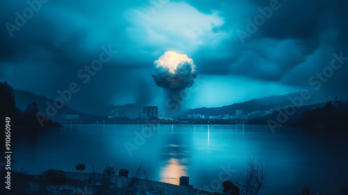 Nuclear Dawn, Apocalyptic Sunset: A chilling mushroom cloud illuminates a serene lakeside town, casting a somber blue hue across the landscape as figures stand silhouetted against the impending devast photo