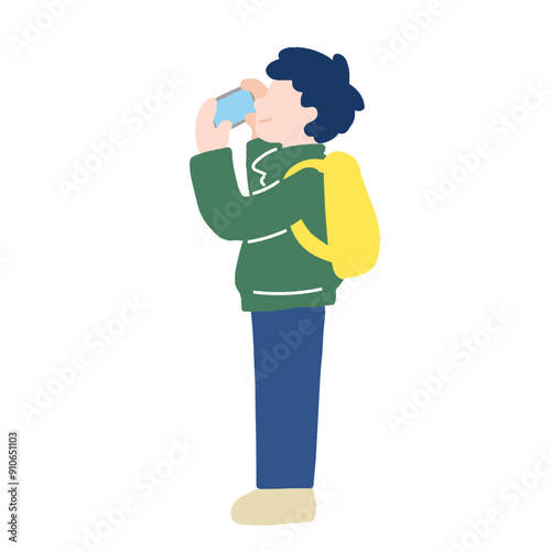 スマホで上の方を撮影する男性のフラットなイラスト
