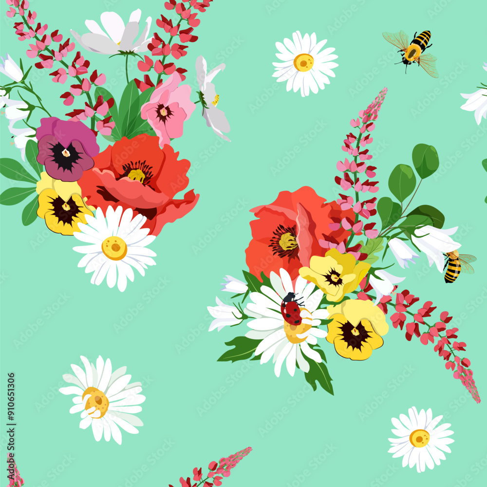 Fototapeta premium Seamless vector illustration with poppy, lupines, chamomiles, pansies and bees on a turquoise background. To decorate textiles, packaging.