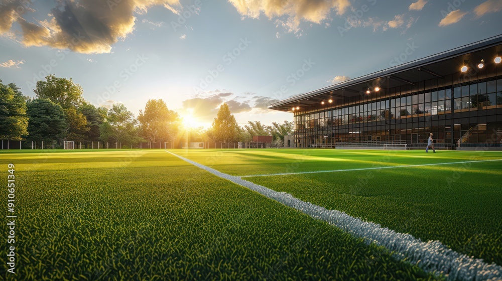 Sunlit Grass Stadium and Empty Playground with Spotlights Sunlit Grass Stadium and Empty Playground with Spotlights
