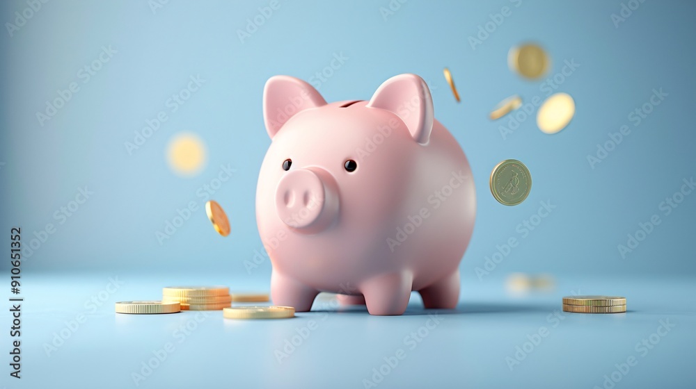 Pink piggy bank with falling coins, financial planning. Pink piggy bank with falling coins, financial planning.
