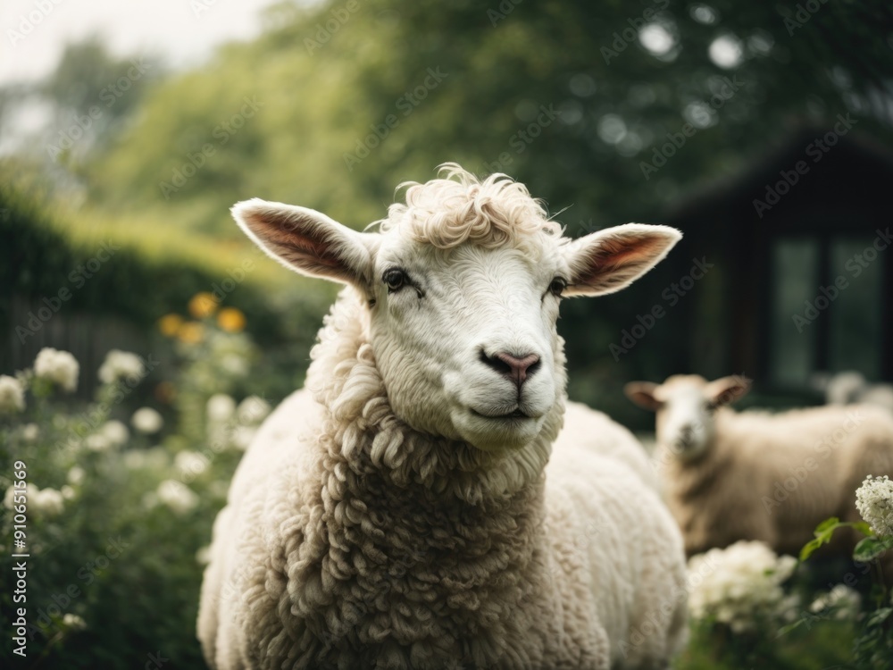 white Sheep in a garden