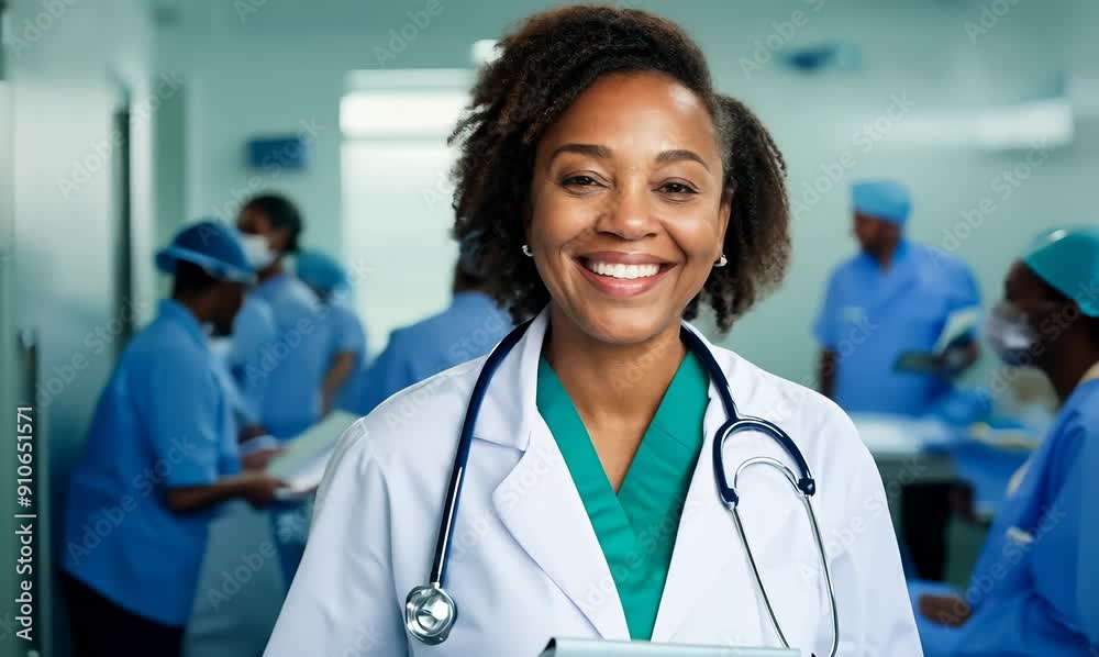 Medium shot portrait video of a grinning doctor in her 40s wearing a scrub or lab coat with doctors nurses therapists