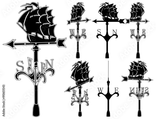 Weather Vane Vector. An Illustration Of a Traditional Wind Vane With a Sailing Ship On Top Isolated On A White Background.