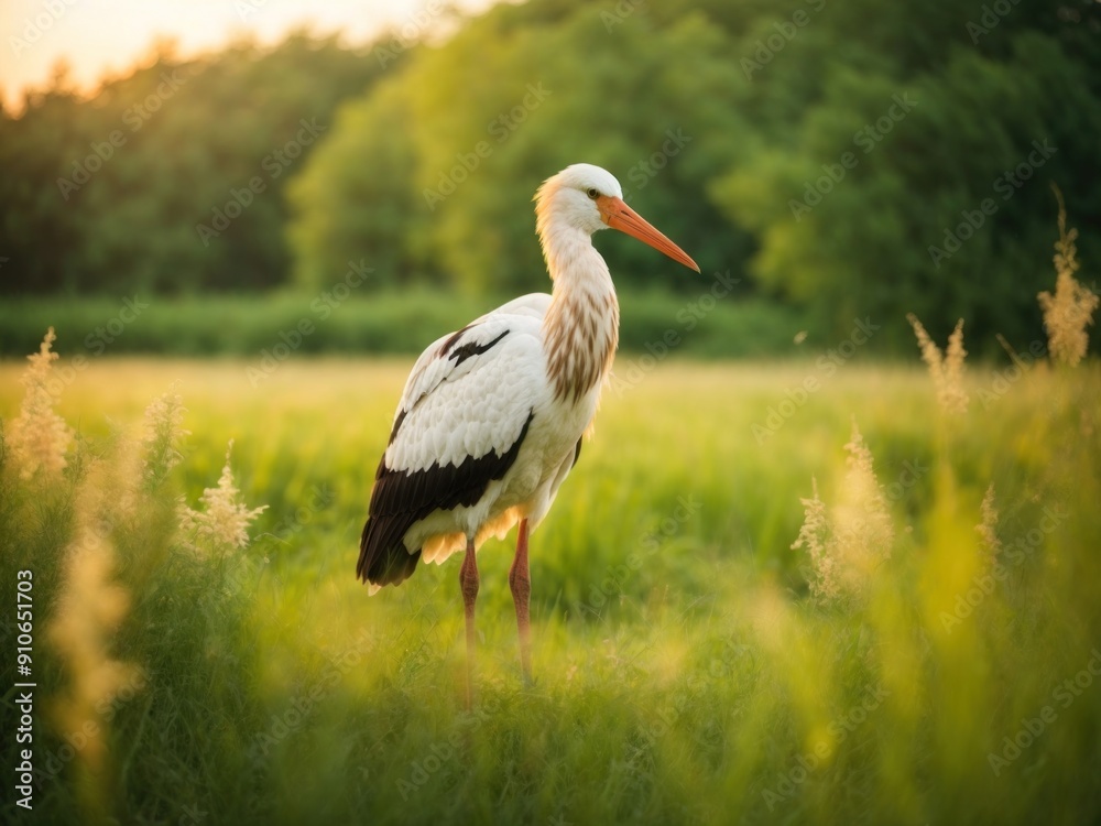 Fototapeta premium White Stork Standing In Green Summer Grass Wild Field