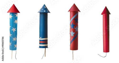 Set of bright firework rockets isolated on white photo