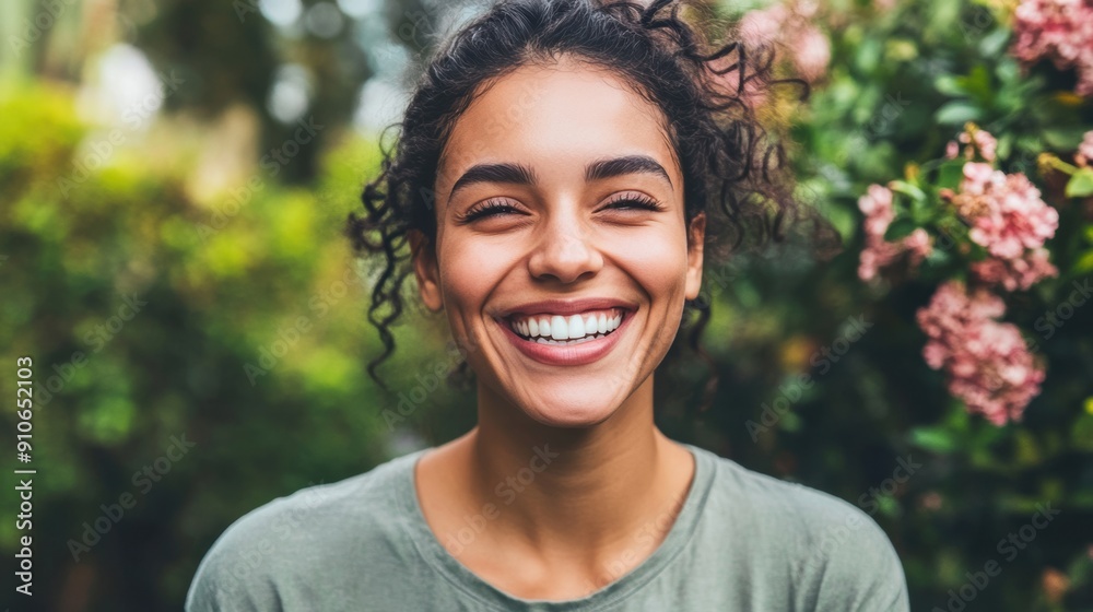 A joyful woman smiles brightly outdoors amidst blooming flowers in a sunny garden. A joyful woman smiles brightly outdoors amidst blooming flowers in a sunny garden.