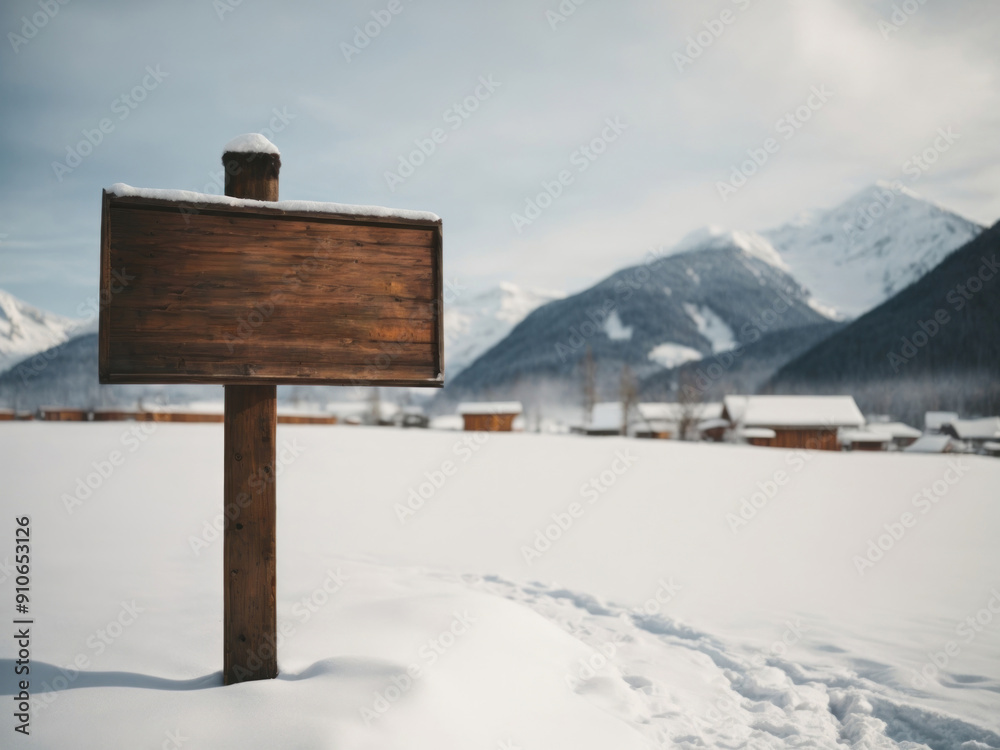 Naklejka premium wooden signboard in snow