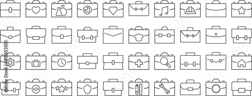 Collection of Signs of portfolio, briefcase and suitcase for business. Suitable for books, stores, shops. Editable stroke in minimalistic outline style. Symbol for design