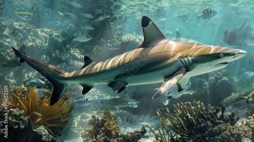 Fototapeta Naklejka Na Ścianę i Meble -  Blacktip Reef Shark Swimming Through Coral Reef