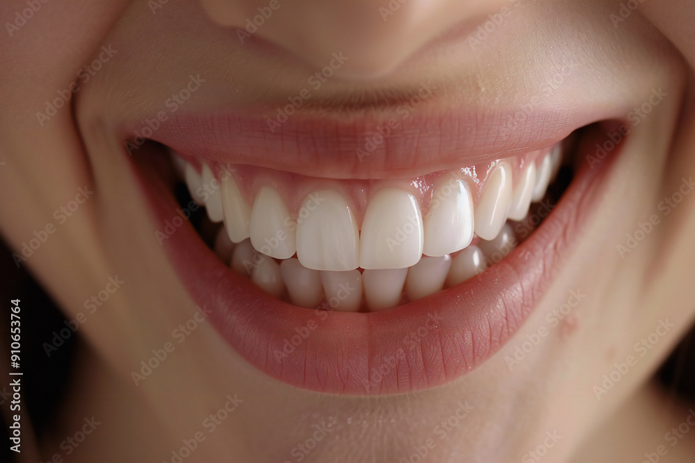 Obraz premium Beautiful Bright Smile with White Teeth and Red Lips: Close-Up Dental Health and Cosmetic Dentistry Aesthetics