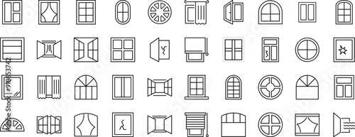 Collection of Line Icons of various windows as part of house. Suitable for books, stores, shops. Editable stroke in minimalistic outline style. Symbol for design