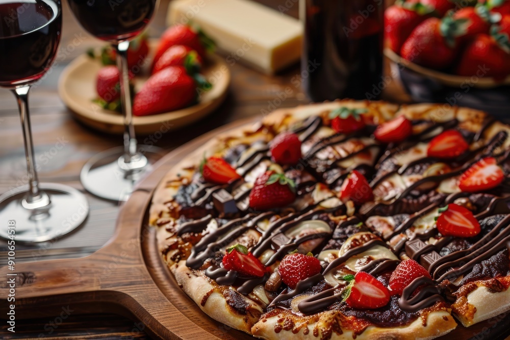 A slice of pizza with chocolate sauce and strawberries on top. A slice of pizza with chocolate sauce and strawberries on top.