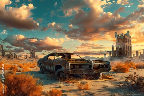 A post-apocalyptic desert wasteland with the ruins