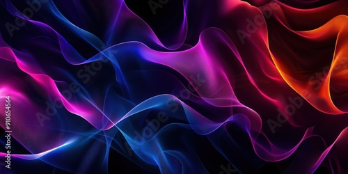 a black background with a few neon colors waves, geometric waves shapes, dark blue, purple, black, mostly black