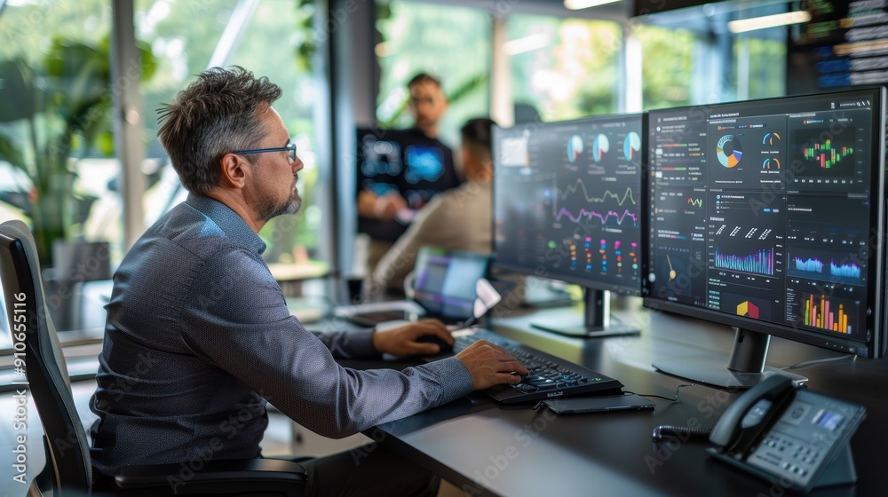 Businessman Analyzing Data on Multiple Screens Businessman Analyzing Data on Multiple Screens