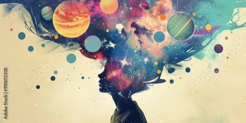 Imagination Concept: An illustration of a person with a head full of colorful, imaginative elements like stars, planets, and abstract shapes.
