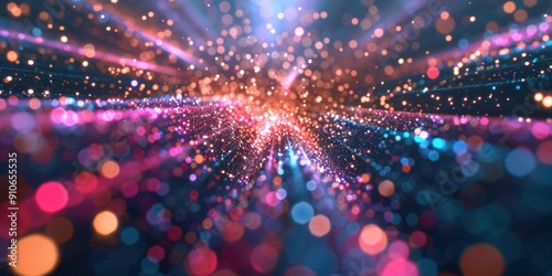 A visually captivating 3D render of particles exploding in a digital pattern, with vibrant hues and a sense of motion and depth.