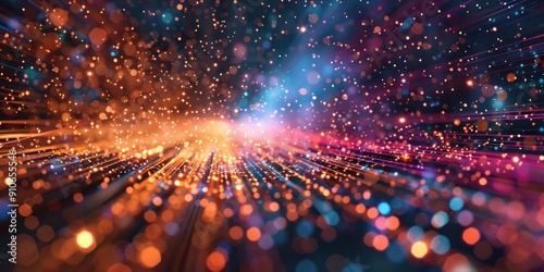 A modern digital background with an explosion of glowing particles in various sizes and colors, forming an intricate and vibrant display.