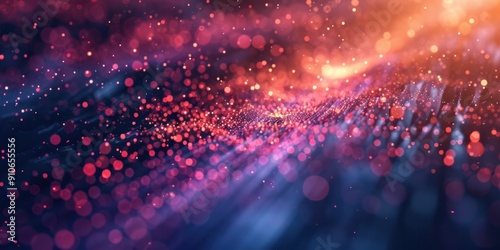 A modern digital background with an explosion of glowing particles in various sizes and colors, forming an intricate and vibrant display.