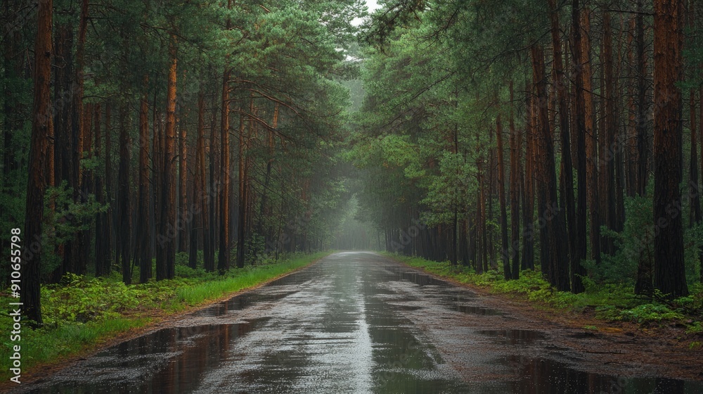 Fototapeta premium A Paved Road Through a Dense Pine Forest After Rain