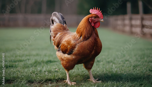 rhode island red chicken in a field photo