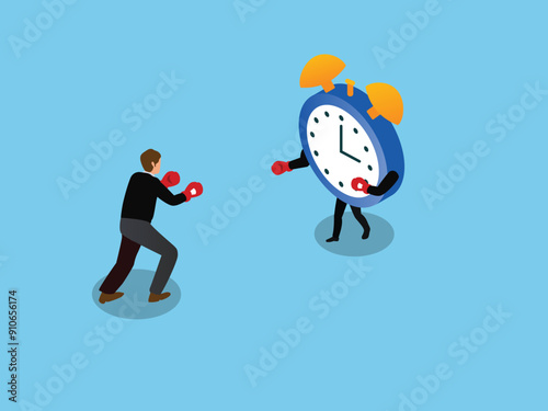 Deadline, stress and time pressure. deadline or time management. businessman is fighting against time clock 3d isometric vector illustration