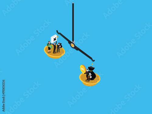 Business people on scales - capitalism or monopoly 3d isometric vector illustration